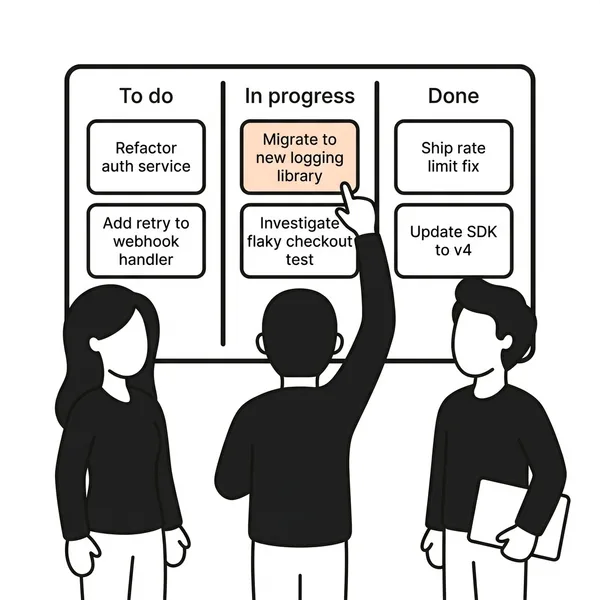 Three teammates running a standup in front of a kanban board